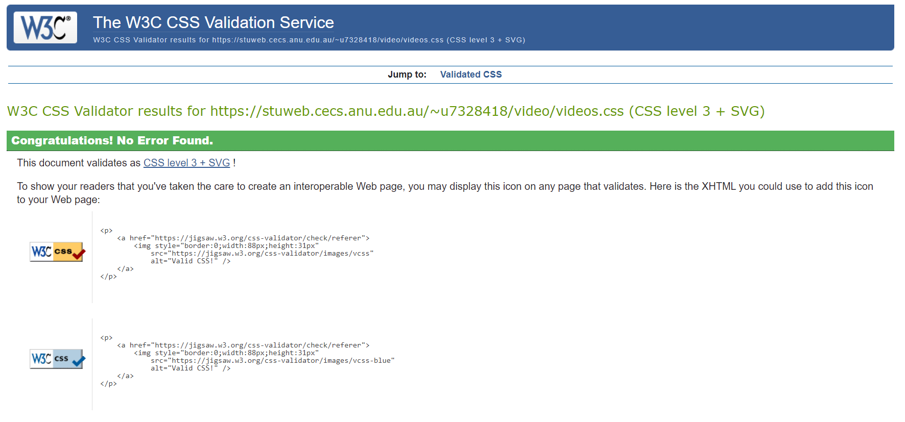 CSS Validation of Videos Page Stylesheet
